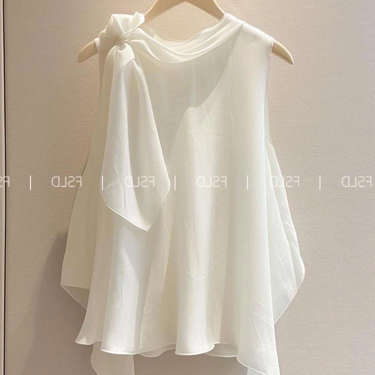 漂亮洋气高端别致小衫法式上衣白色无袖蝴蝶结衬衫2025新款宽松