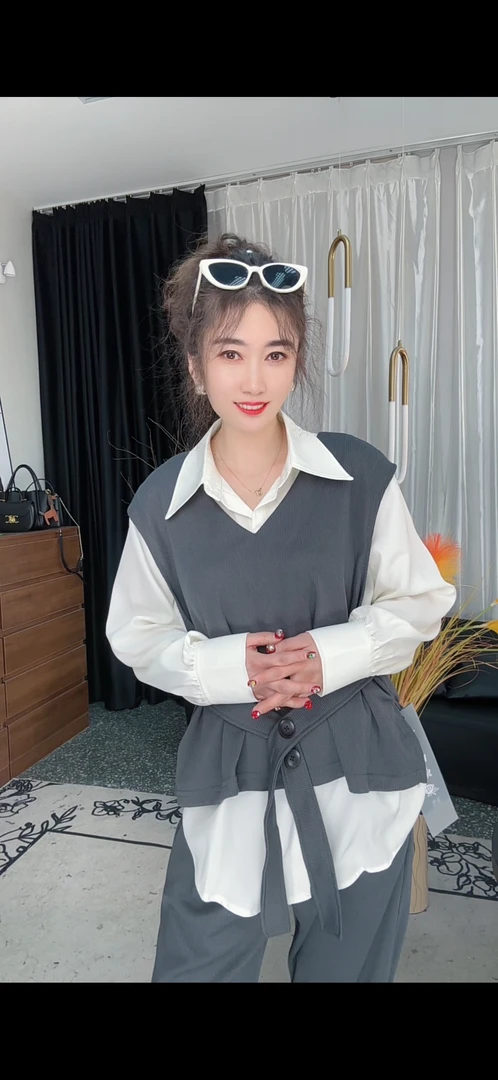 韩系V领马甲衬衫款阔腿裤三件套