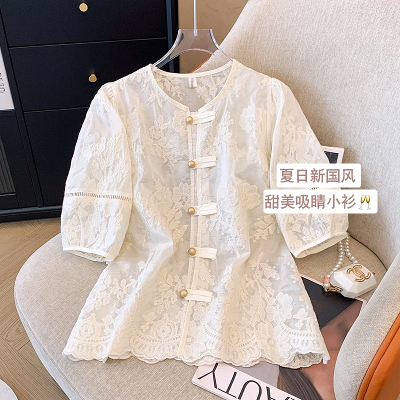 大码女装夏季国风刺绣镂空蕾丝短袖衬衫胖mm显瘦高级感超好看上衣