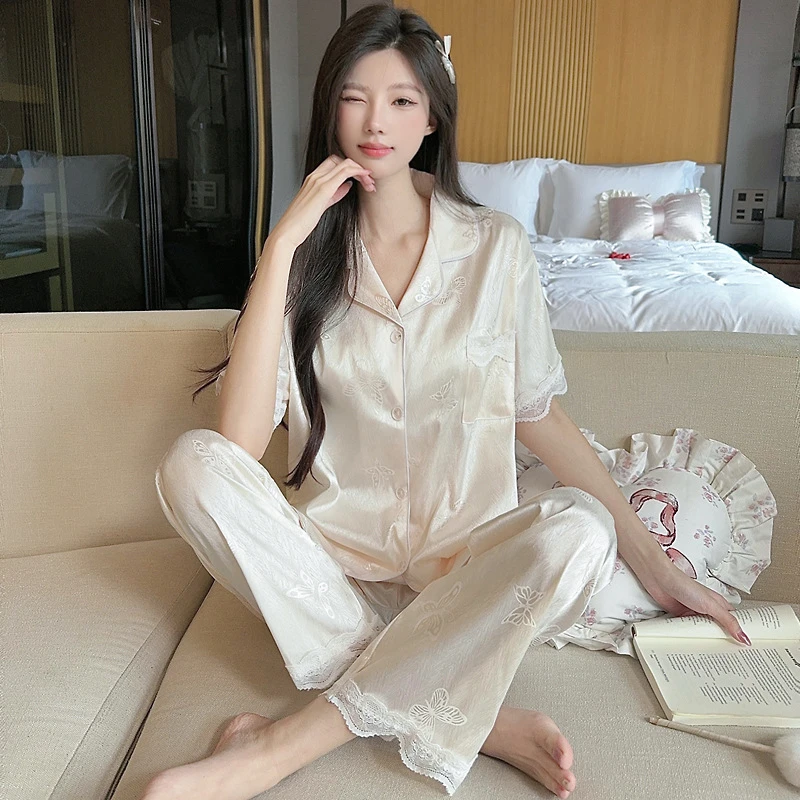 夏季薄款冰丝凉感睡衣女短袖可爱小香风蝴蝶宽松休闲家居服可外穿