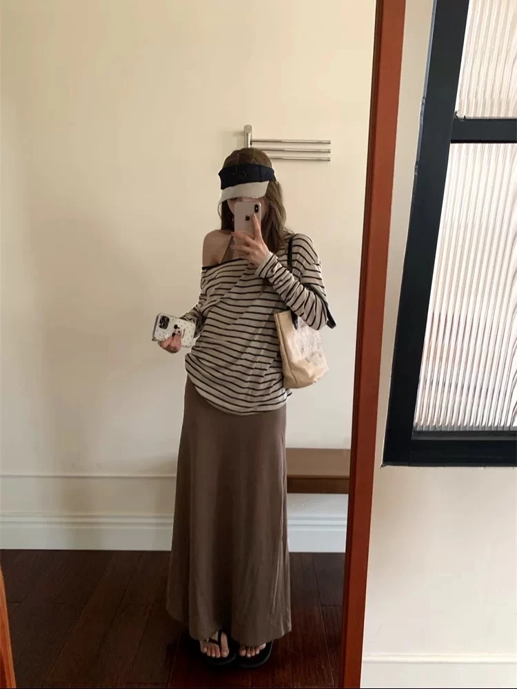 法式连衣裙吊带中长款长裙条纹套装#1263