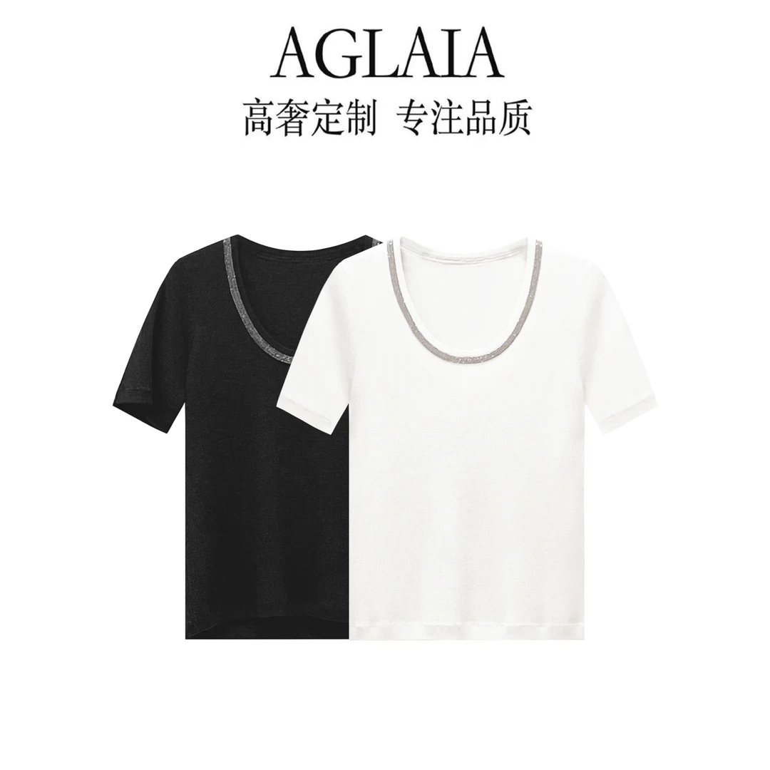 AGLAIA2025夏季新款重工钉珠气质经典百搭U领纯色短袖针织衫6019