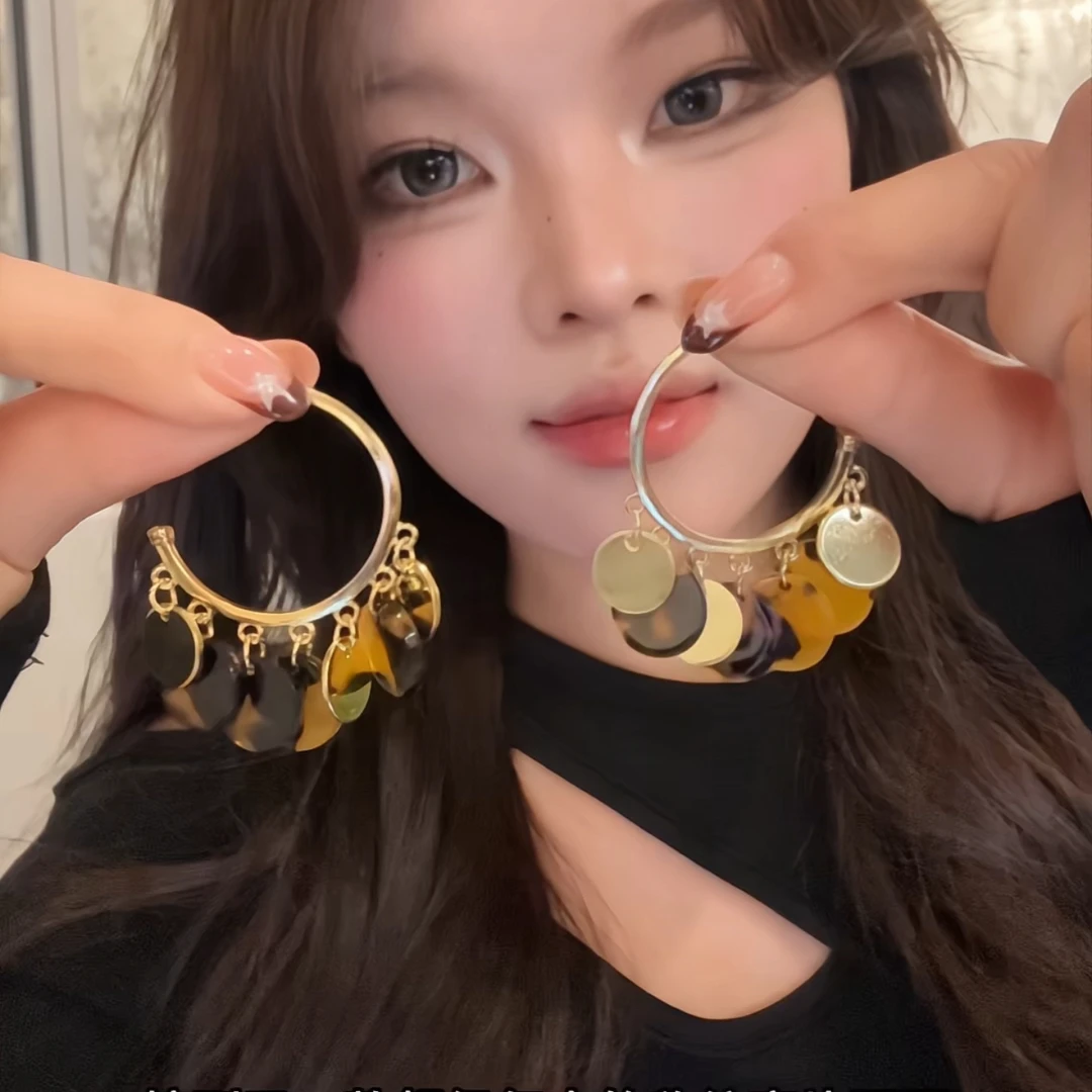 铜合金耳饰 夸张C形豹纹圆片流苏耳环复古高级感2025爆款耳饰耳钉