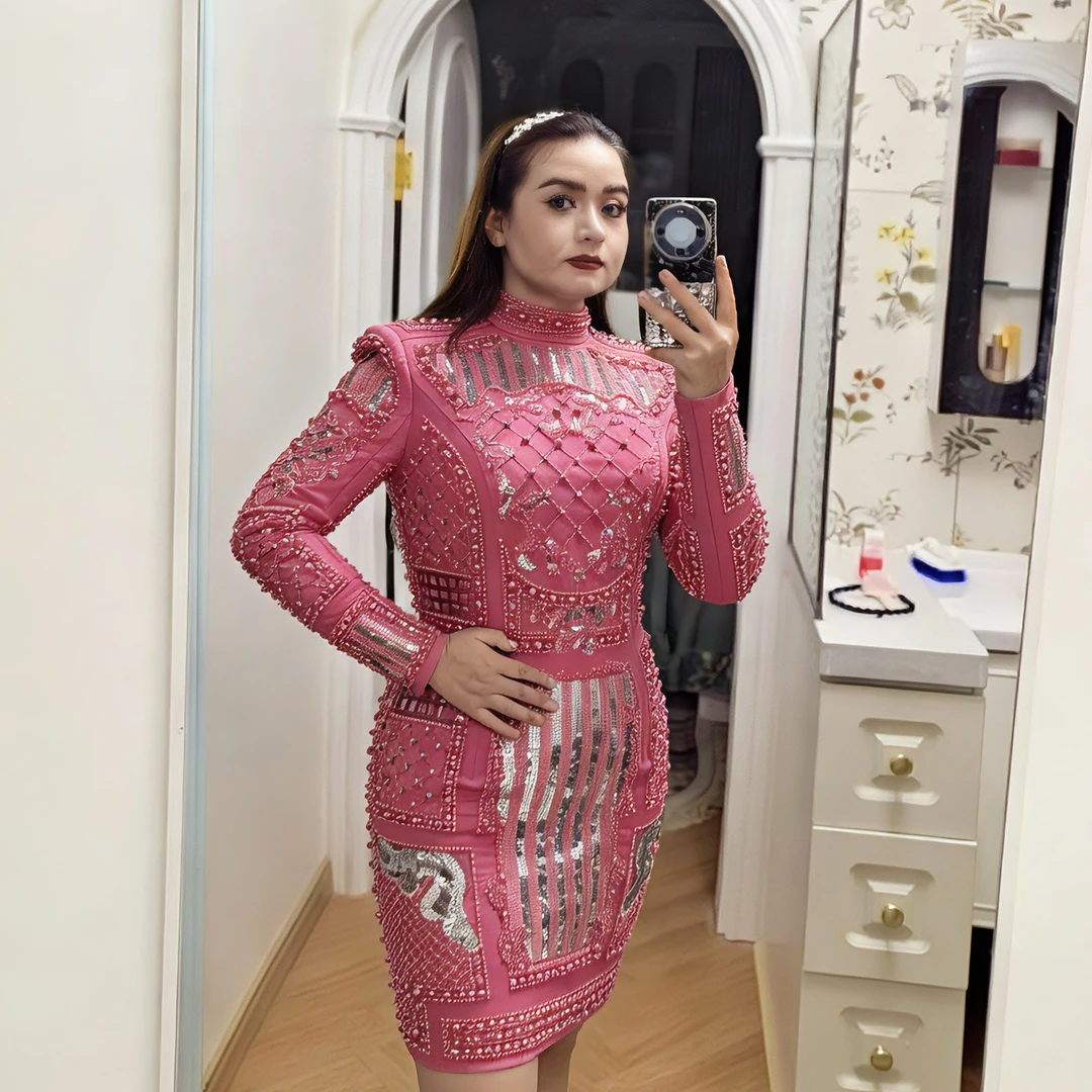 现货2025秋冬新款欧美时尚重工镶钻钉珠亮片弹力紧身连衣裙小礼服