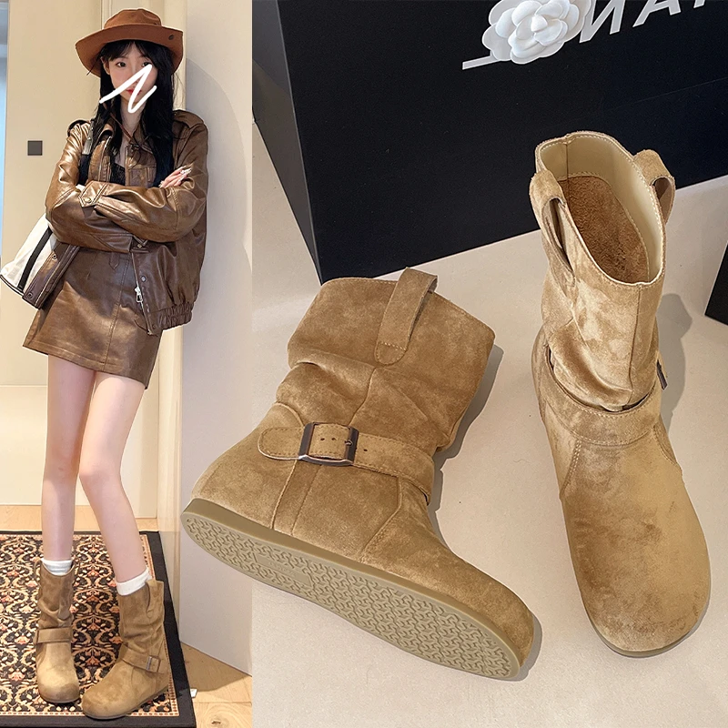 复古绒面搭扣西部牛仔靴马丁靴女鞋2025新款夏季设计感褶皱小短靴