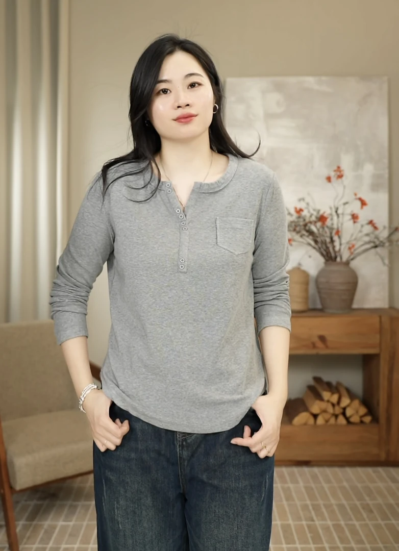 九月JIUYUE秋冬新款长袖T恤上衣半扣V领百搭显瘦打底衫女 9987