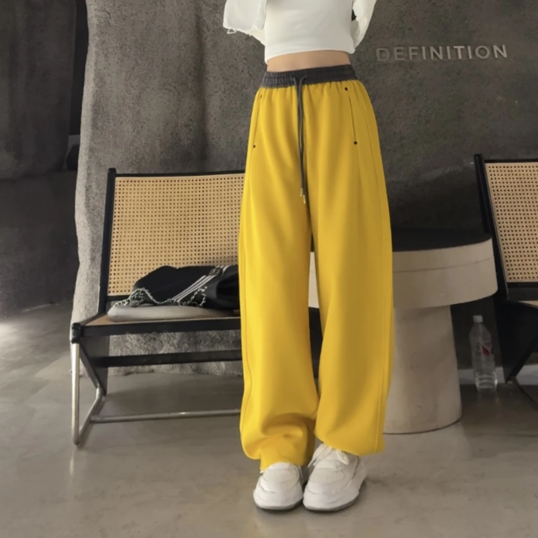 (一裤两穿)腰部拼接休闲裤女2025春装新松紧腰高腰直筒阔腿卫裤