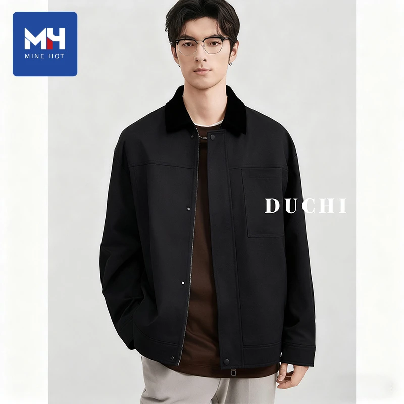 唐狮集团MH百搭黑色拼接翻领休闲夹克男士秋季美式复古工装外套
