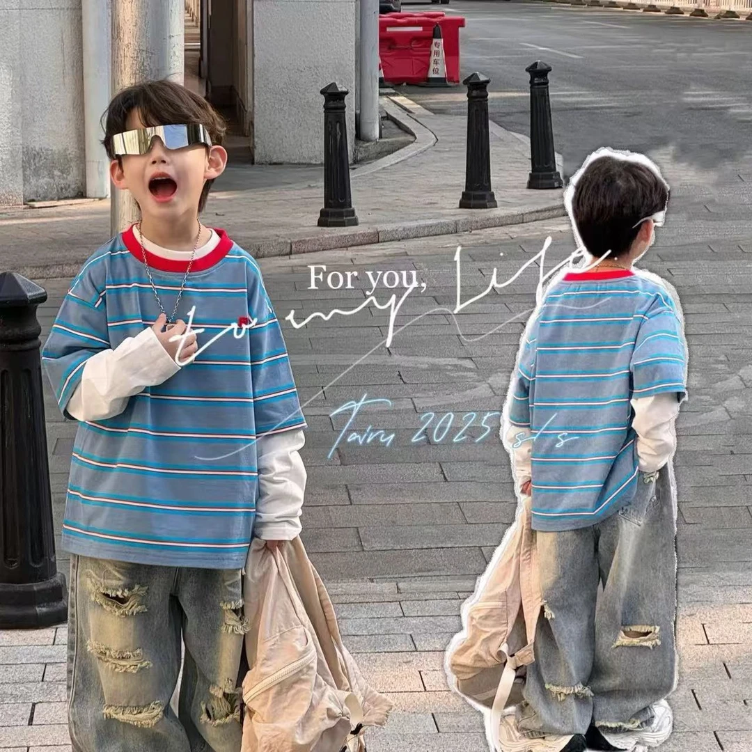 男童宽松假两件长袖T恤春秋2025新款儿童洋气时髦春装打底衫上衣