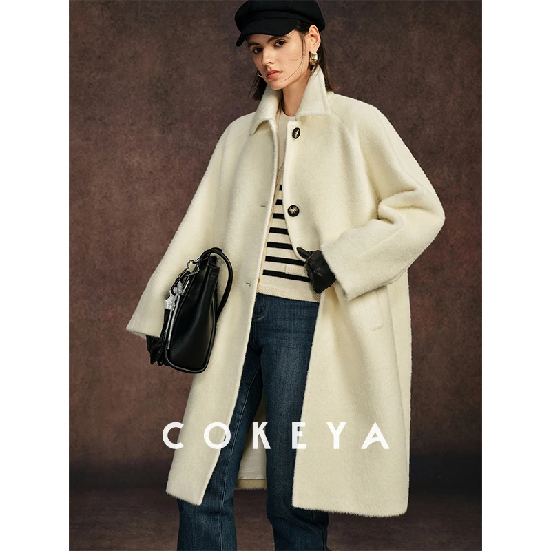 COKEYA/印加集团INCA~琎口羊驼毛中长款圆领长袖大衣毛呢外套女冬