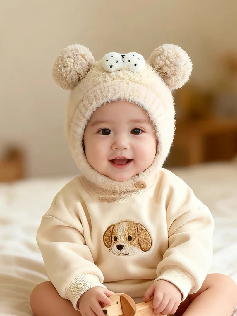 婴儿帽子秋冬季保暖可爱毛绒护耳帽男女宝宝小月龄防风加厚帽