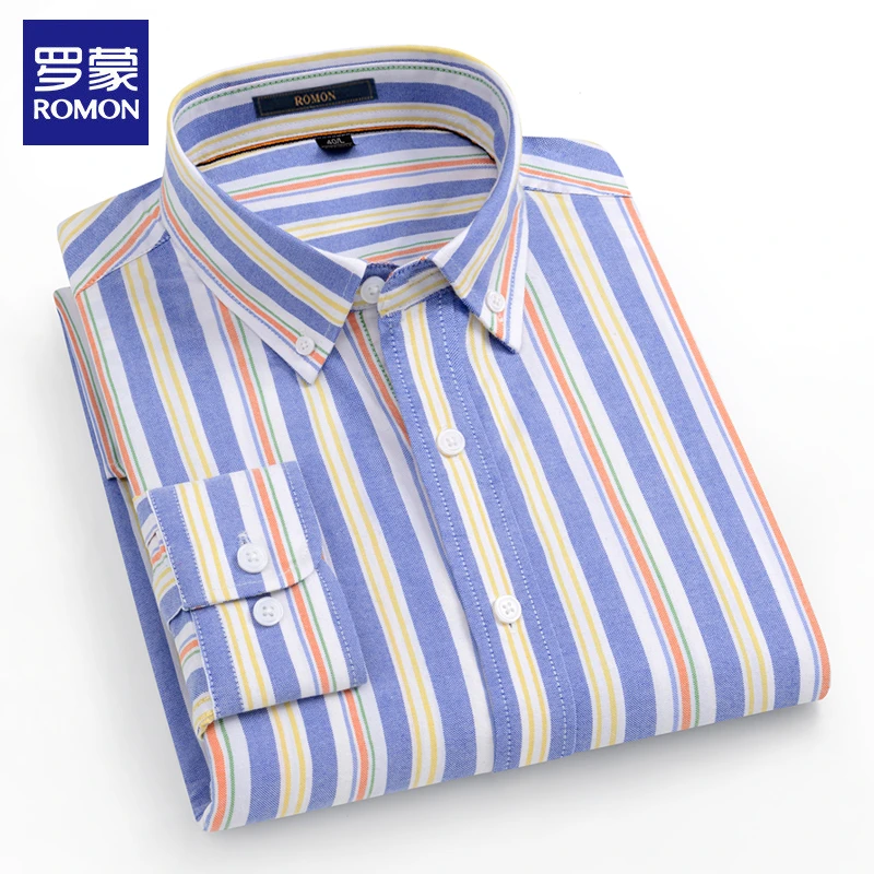 罗蒙100%纯棉条纹衬衫男士长袖春秋牛津纺休闲时尚衬衣中青年上衣