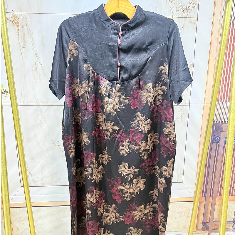 大码女装夏季吸汗舒适纯色连衣裙时尚旗袍裙斜襟印花连衣裙