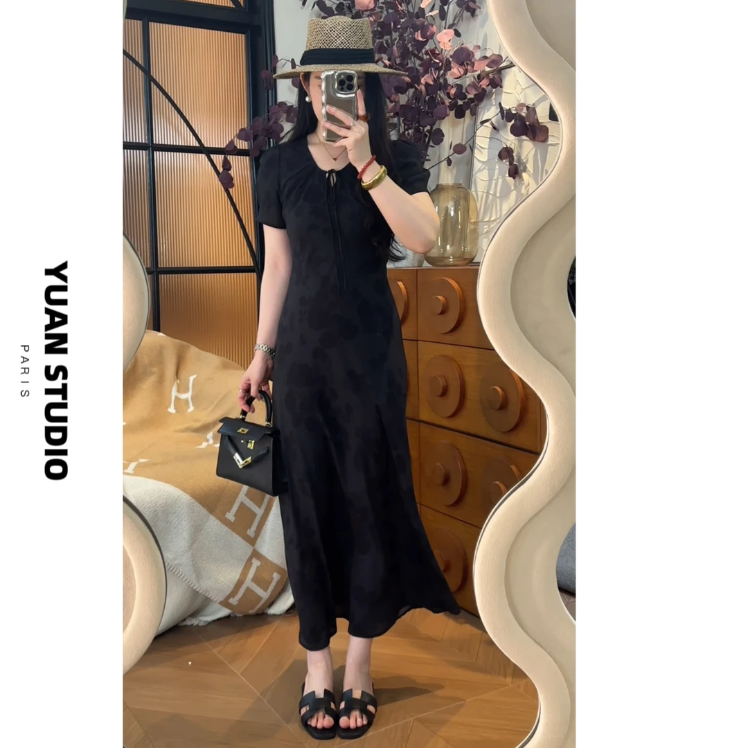 YUAN 【黑玫瑰】夏季法式复古斜裁显瘦遮肉气质短袖优雅连衣裙