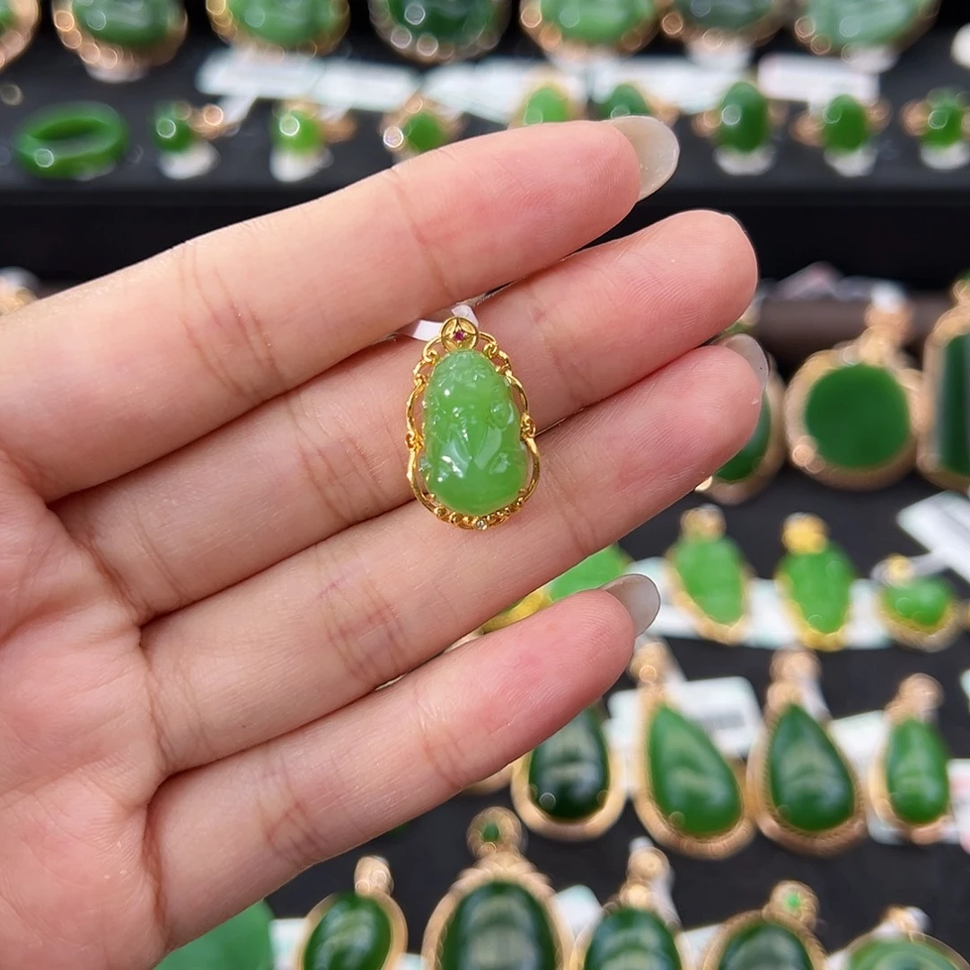 和田玉（碧玉）18K金镶嵌吊坠(不含链)苹果绿貔貅15mm