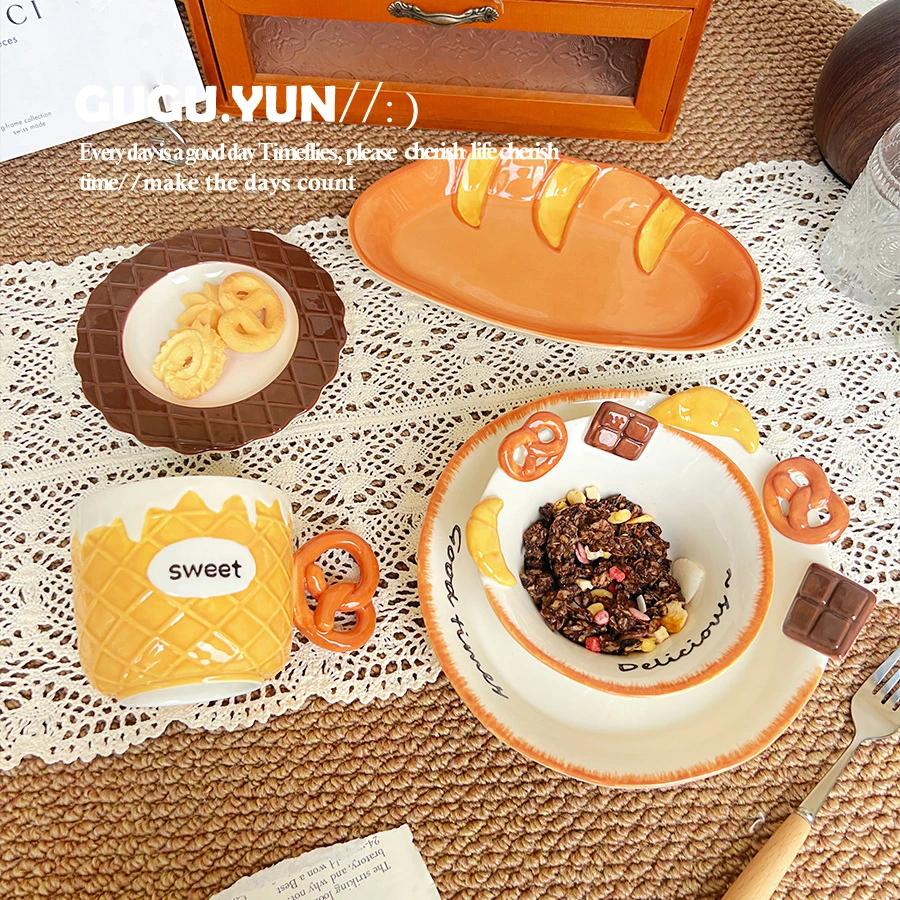 法式面包可爱高颜值釉下彩陶瓷碗家用好看的蛋糕咖啡杯碟盘子甜品