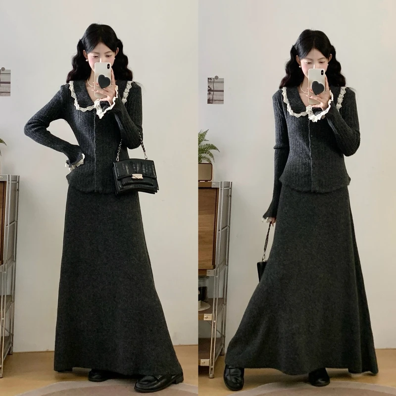 芝士鹿法式高级感显瘦穿搭套装秋冬设计感针织上衣搭半身裙两件套