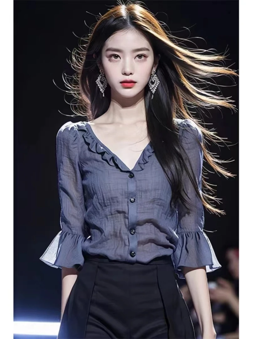 小香风轻熟法式小众设计感超好看蓝色半袖衬衫气质高级感上衣女夏