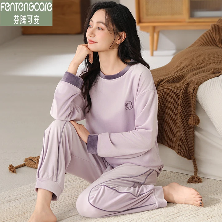 芬腾可安睡衣女款海岛绒秋冬季加厚保暖圆领休闲甜美风薄绒家居服