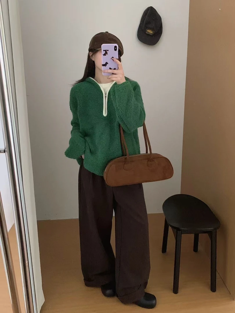 T1134【巴黎左岸】韩系百搭显白半拉链套头帽衫女