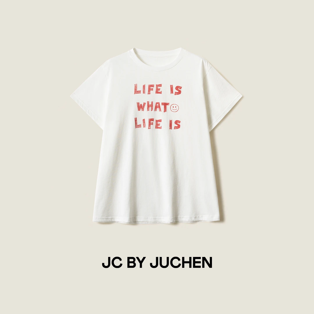 三行短句T美式简约小红字母笑脸印花宽松短袖T恤 SS074837