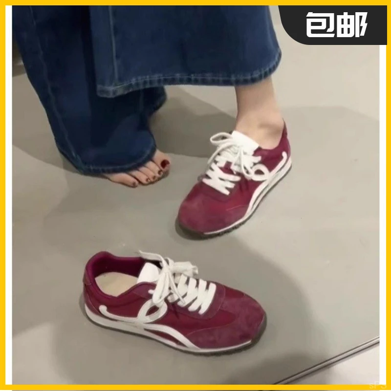 阿甘鞋小白鞋软底百搭休闲运动鞋复古版德训鞋女平底~拼色系带潮