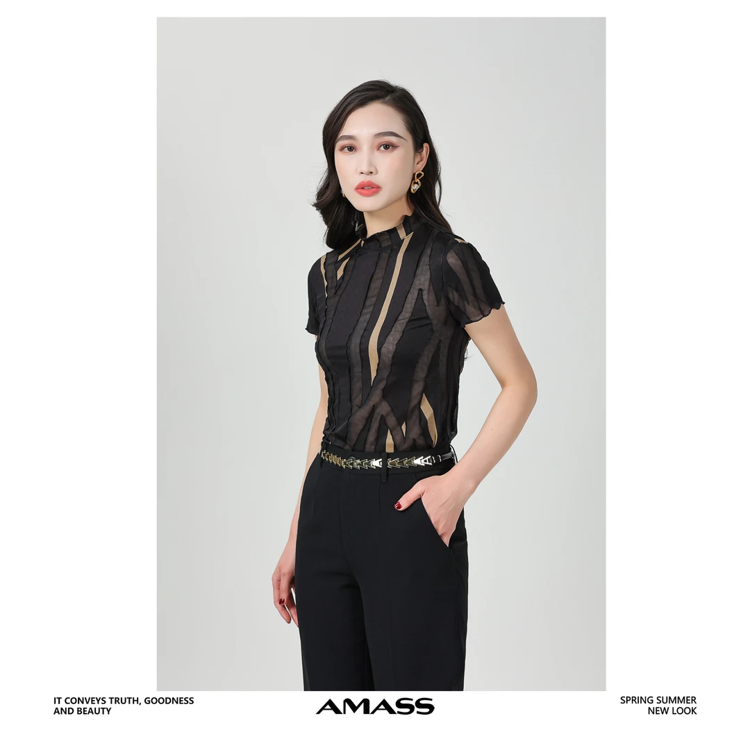 AMASS/阿玛施5300603春夏季流行高级修身百搭网纱修身T恤气质时尚