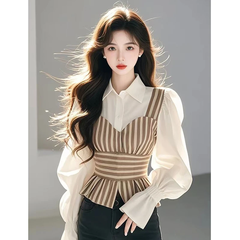 高级感轻奢减龄洋气内搭叠穿衬衣收腰小香风条纹拼接衬衫女2025春