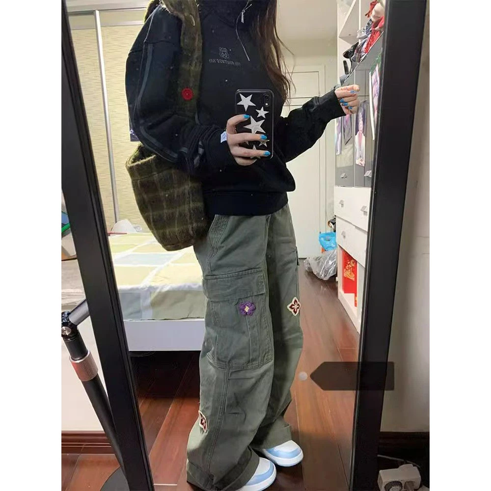 美式复古绿色菱形兰花休闲裤女春秋新款抽绳设计感直筒阔腿工装裤