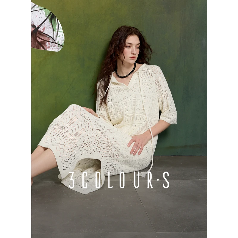 三彩2025春季新款苎麻镂空针织裙流苏连衣裙直筒裙长裙度假风女S