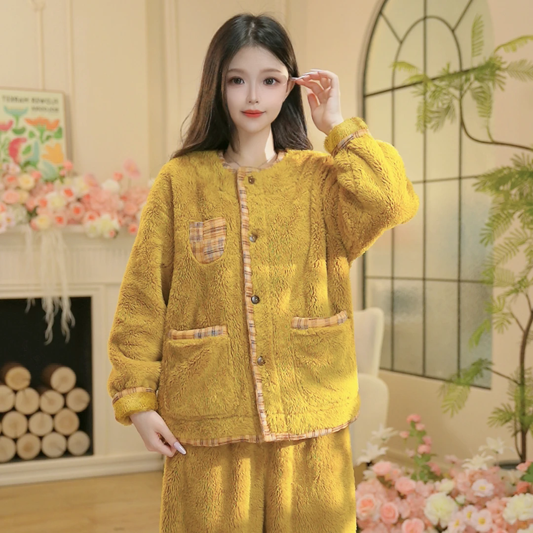 【姜黄拼格~~~】M冬季新款长袖加绒厚款家居服高颜值柔软睡衣套装