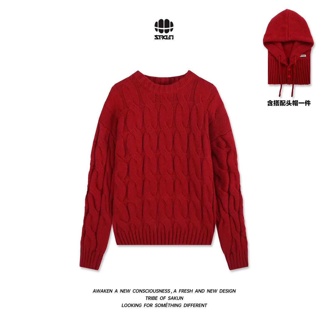 【新年战袍】SAKUN复古麻花圆领毛衣+帽子套装3154-1315673-MM