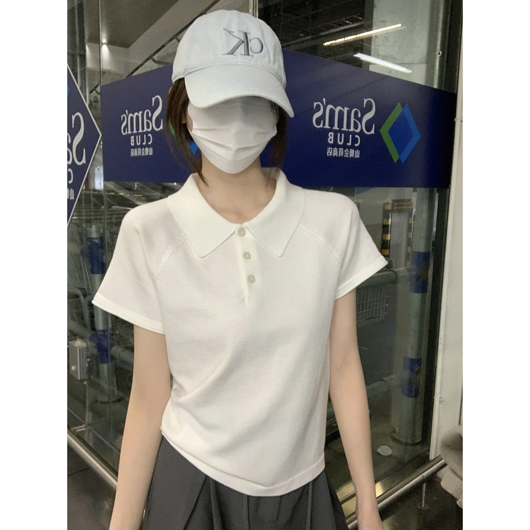 基础通勤内搭外穿短袖女高级感polo领纽扣T恤夏季减龄翻领短上衣
