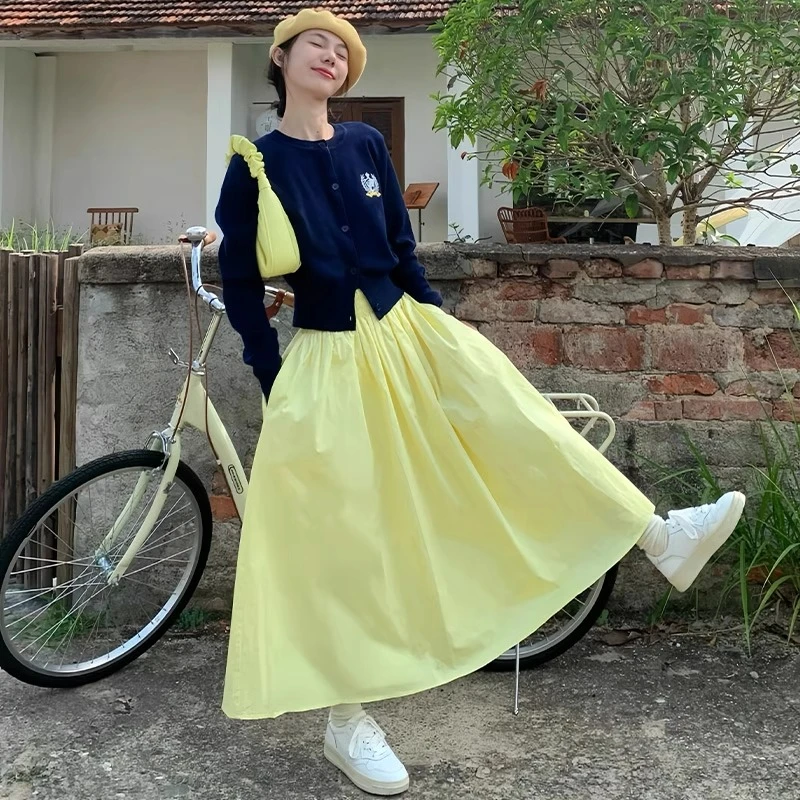 黄色半身裙女春夏季2025新款高腰显瘦a字中长裙小个子垂坠感伞裙