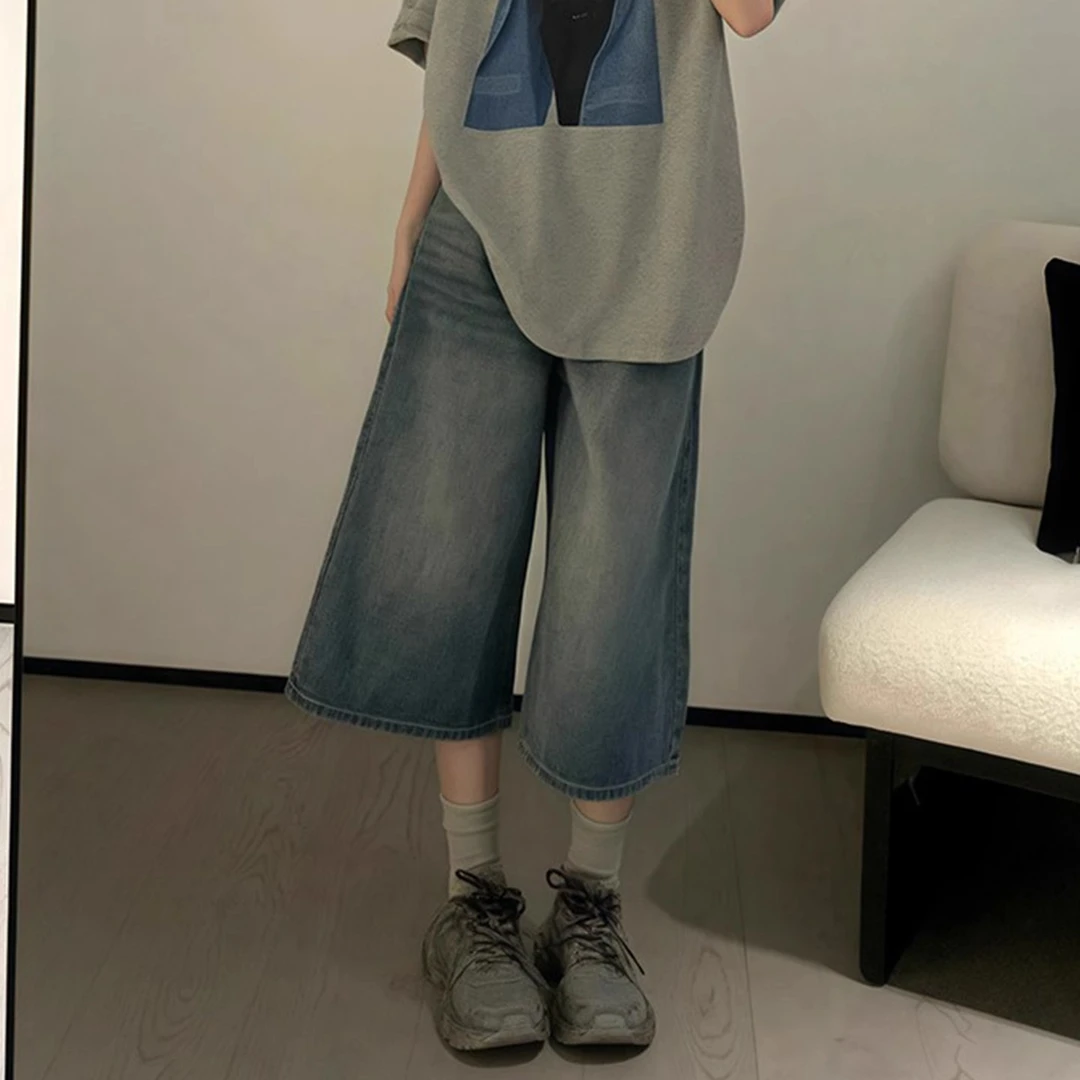 蓝色复古七分牛仔裤女夏季薄款小个子梨形身材高腰宽松显瘦阔腿裤