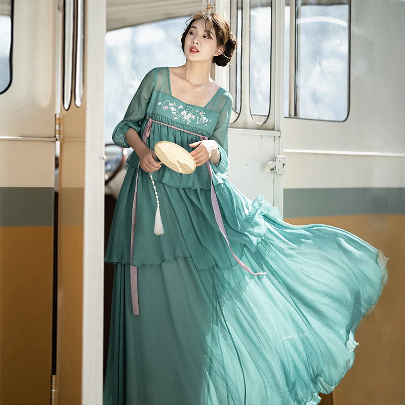 【199专区】2145齐胸襦裙新款刺绣长裙蛋糕裙绿色连衣裙女夏