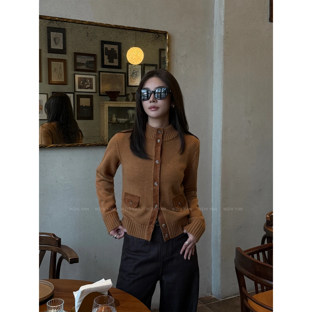 【巴黎新贵】雅奢质感复古双色拼接立领套头长袖慵懒羊毛毛衣22146