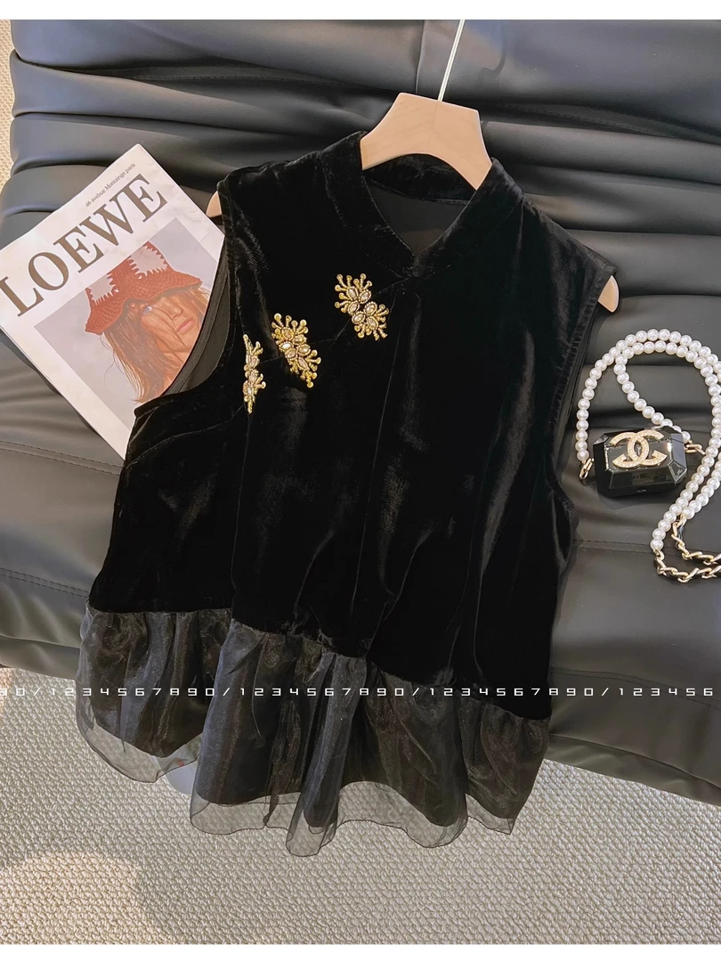 新中式改良旗袍丝绒马甲女装2025夏季钉珠复古时髦风无袖衬衫上衣