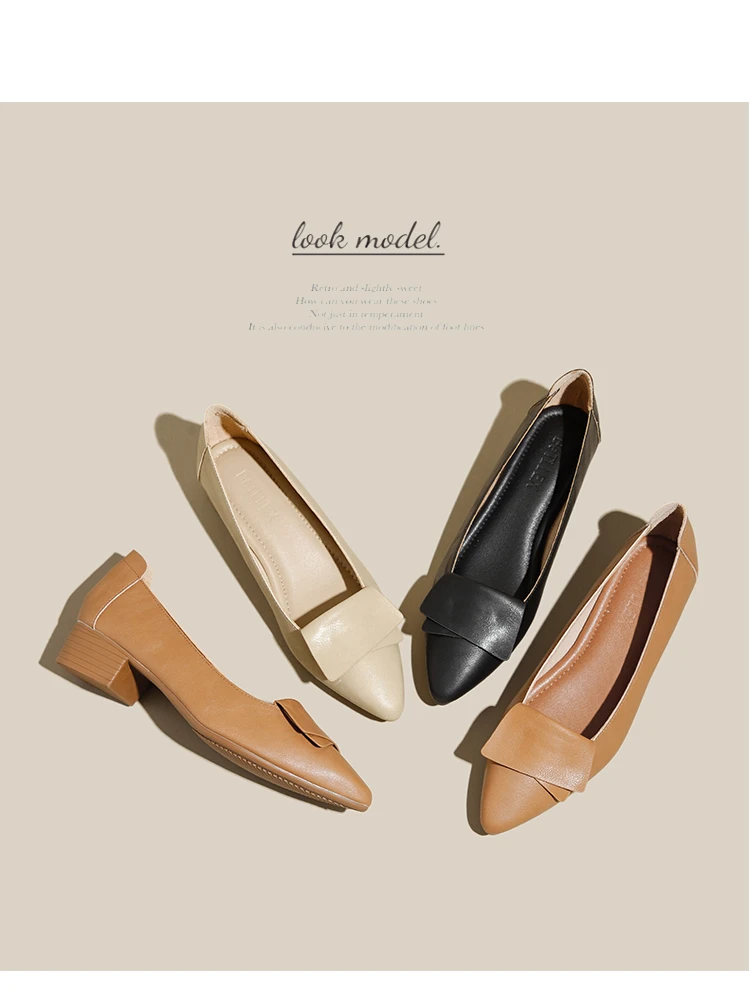 A真皮复古法式平底方头浅口女鞋百搭软底软面粗跟舒适通勤休闲鞋