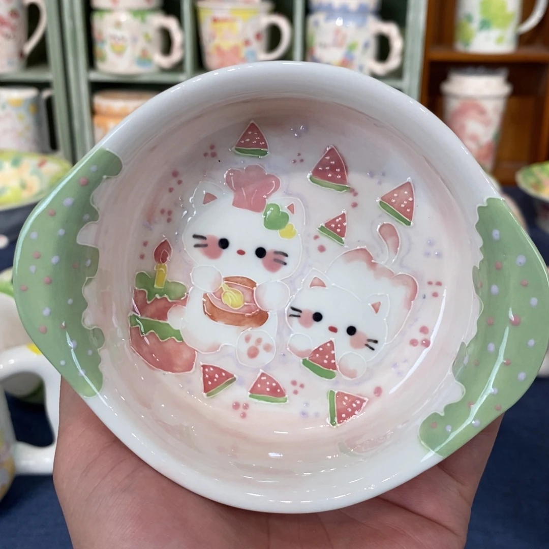 瓷片西瓜小猫米饭碗微瑕