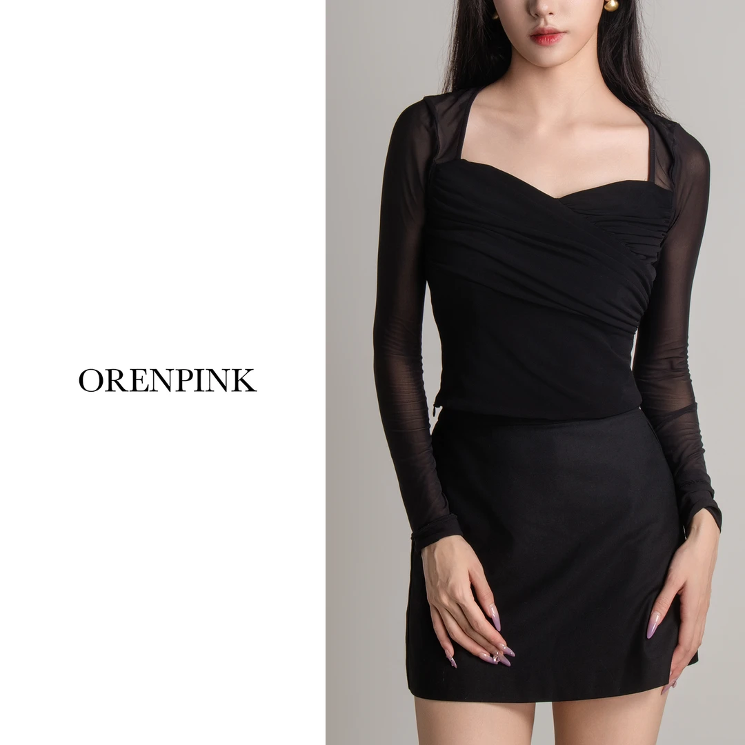 OREN PINK/奥粉新款法式百搭网纱拼接时尚气质设计感女装上衣
