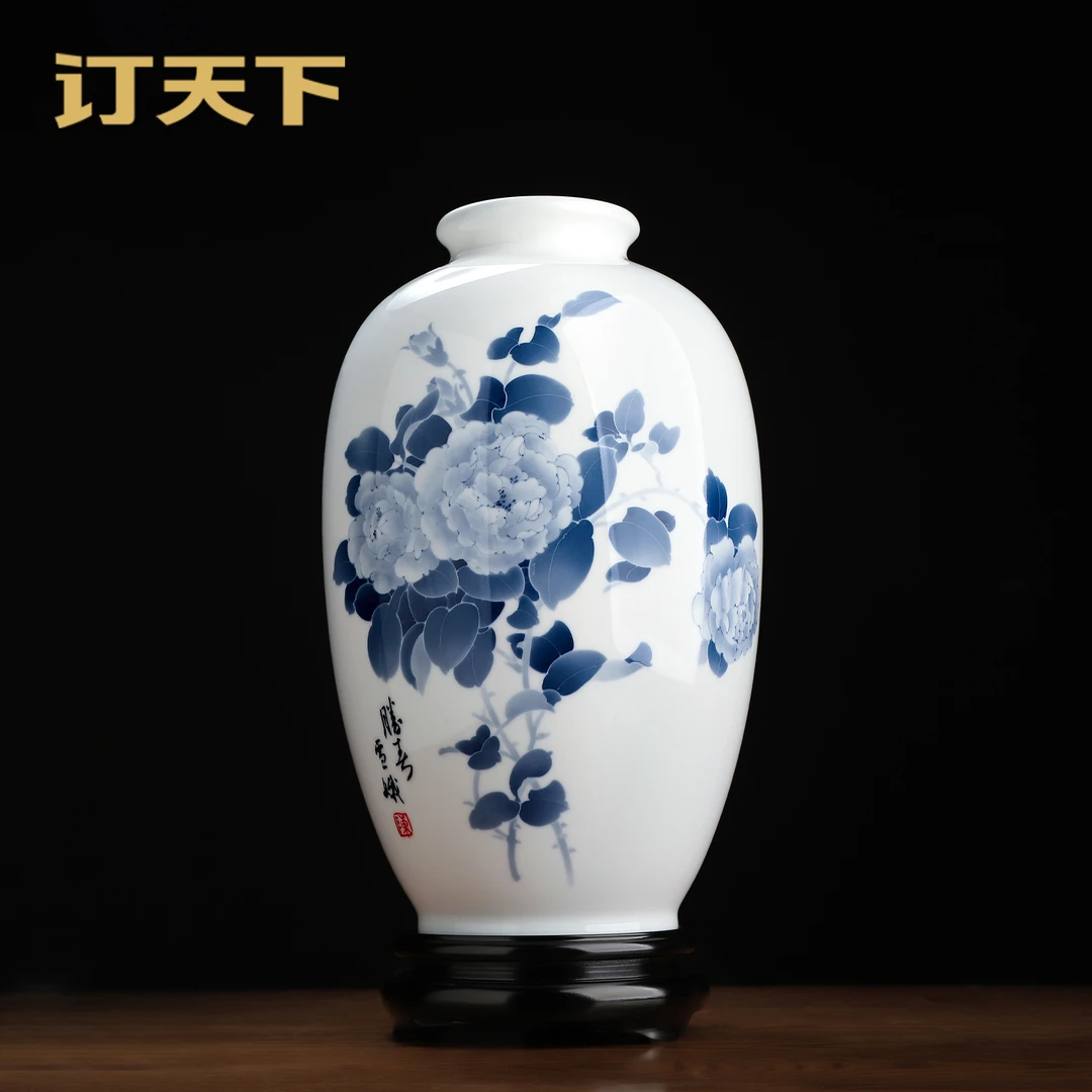 订天下 陶瓷手绘牡丹花瓶摆件中式客厅电视柜博古架装饰工艺品