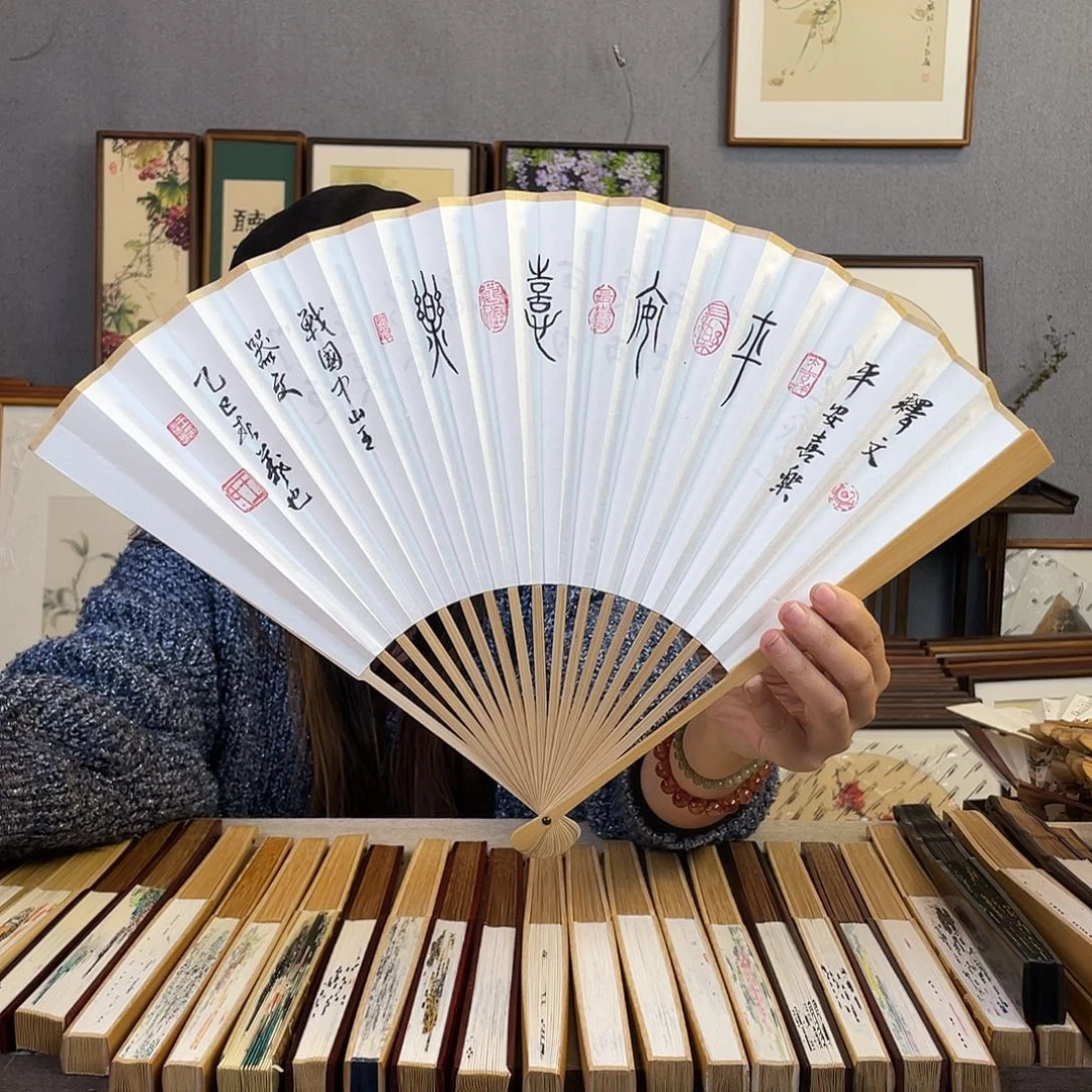 国画95寸玉竹-纯手绘-文玩扇骨（默认粘好）