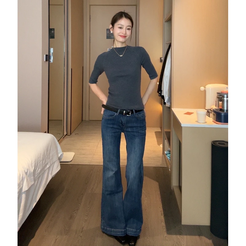 【Q】2025春夏新款复古水洗低腰微喇叭牛仔裤子女X60047