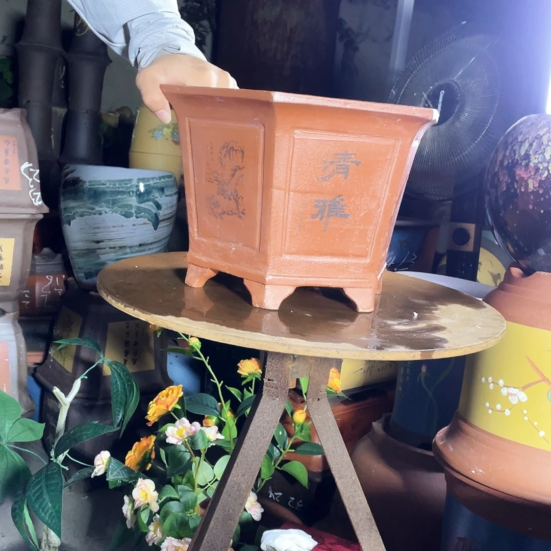 宜兴紫砂花盆32红清雅六方