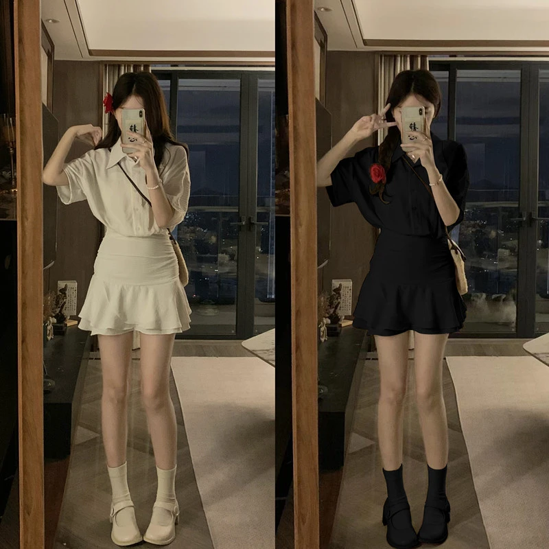大码法式气质polo领连衣裙子2025夏季微胖mm女装辣妹收腰小黑裙