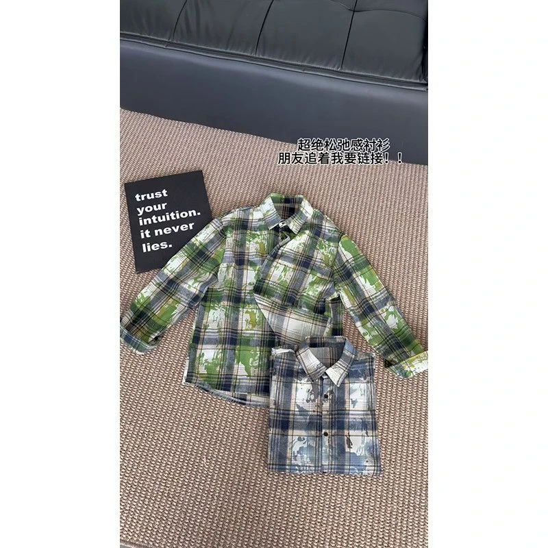 美式复古磨毛格子衬衫男女2025春秋新款宽松休闲长袖情侣外搭开衫