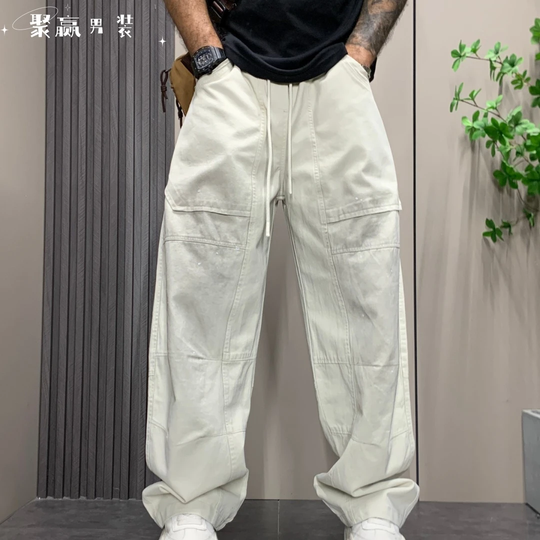 2025早秋新款美式潮牌阔腿牛仔裤男士宽松泼墨弯刀脏脏裤高街复古