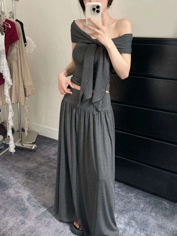 斜肩半裙套装女夏季多种穿搭韩系设计感休闲搭