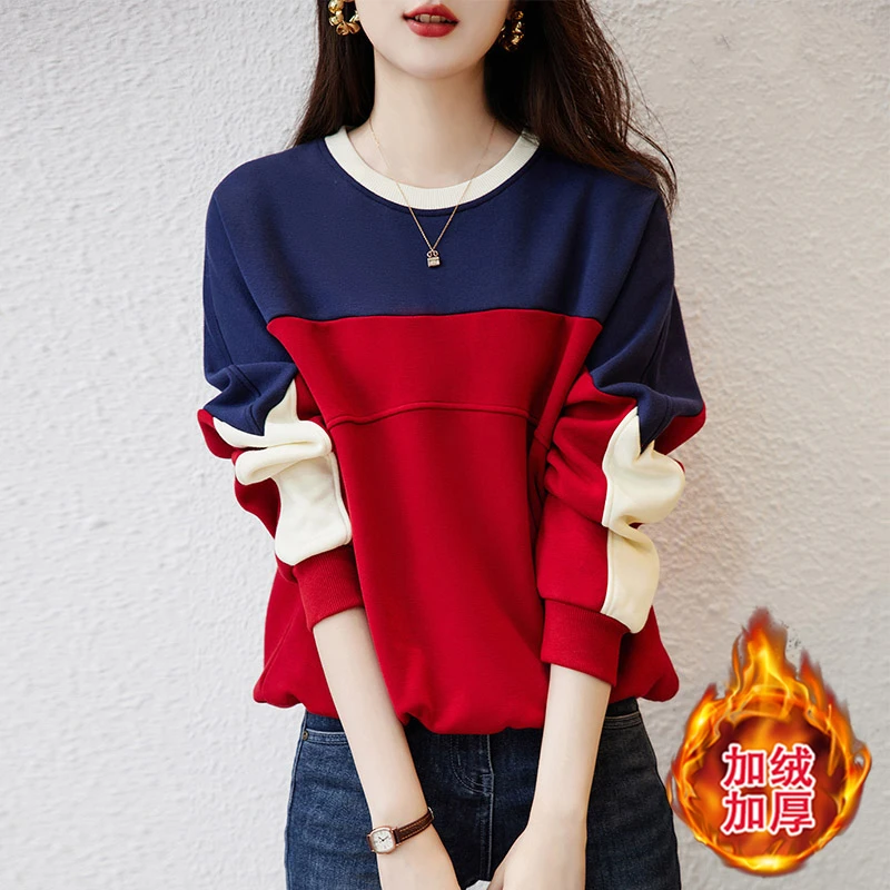 今年流行时尚卫衣女2025新款爆款小个子秋冬加厚洋气拼接圆领上衣